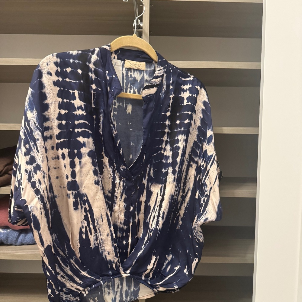 Tan and navy Italian blouse open neck